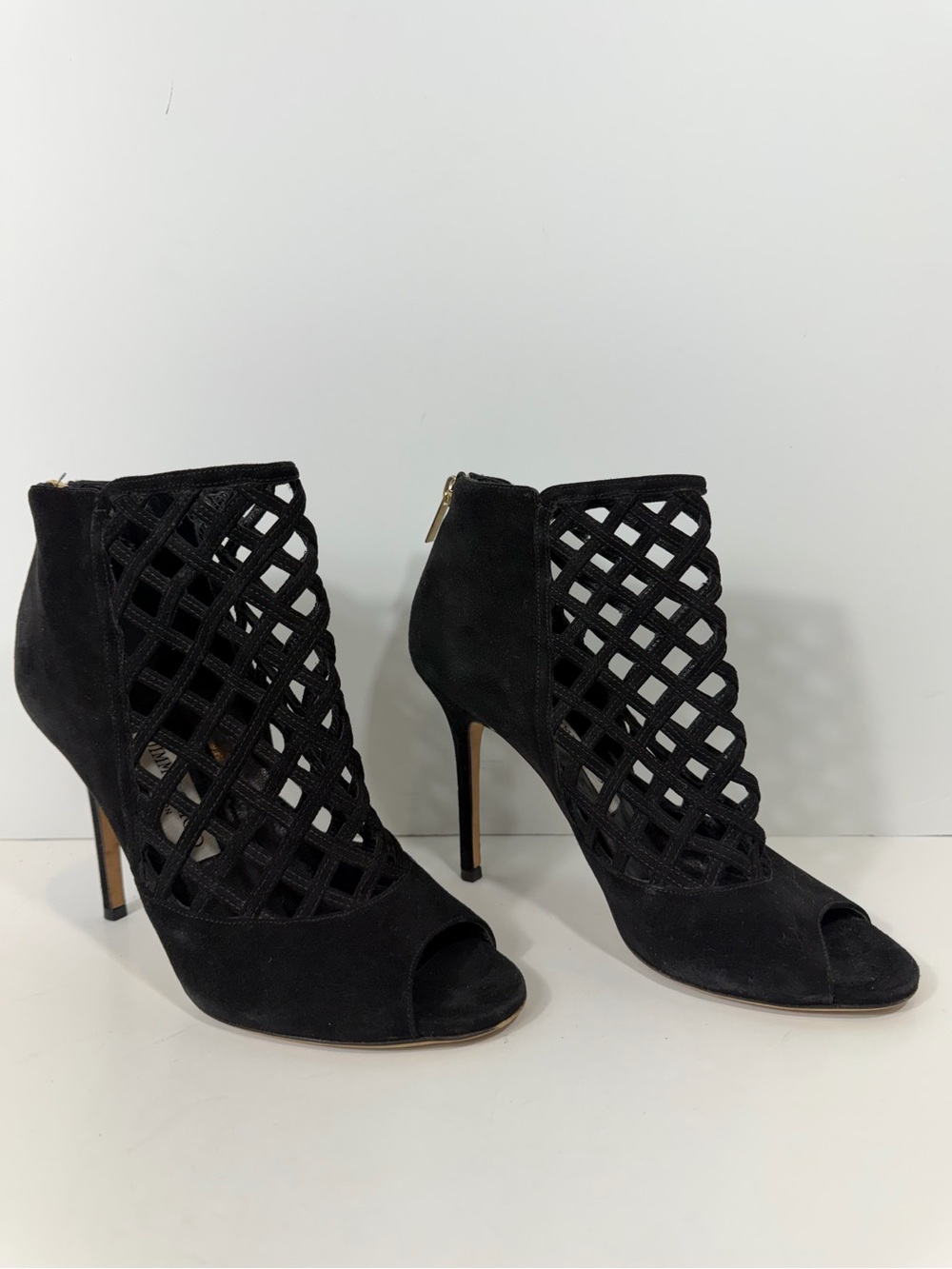 Jimmy Choo Black Suede Lattice Cutout Peep Toe Ankle Booties EU 38 US 8 Heels